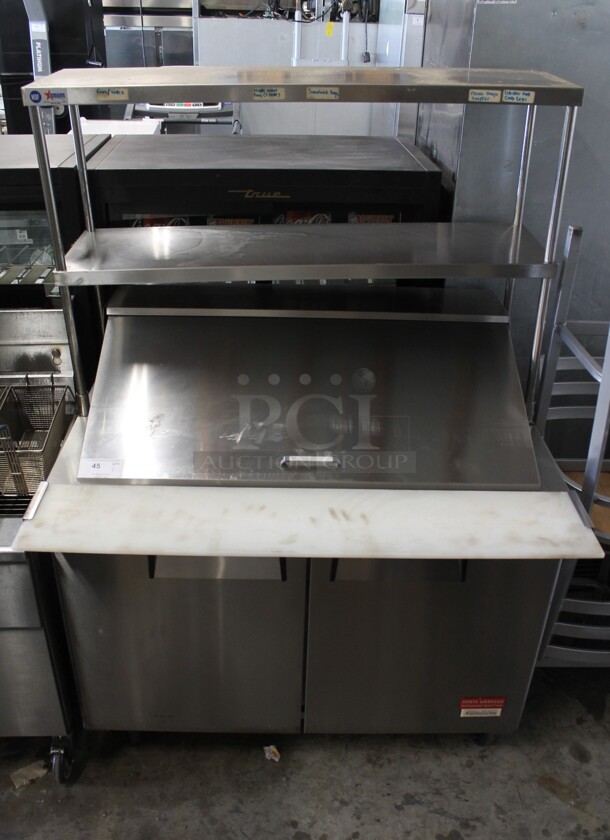 2018 Atosa ASP48-18 Stainless Steel Commercial Sandwich Salad Prep Table Bain Marie Mega Top w/ Stainless Steel Drop In Bins and 2 Tier Over Shelf on Commercial Casters. 115 Volts, 1 Phase. Tested and Working! - Image 1 of 9