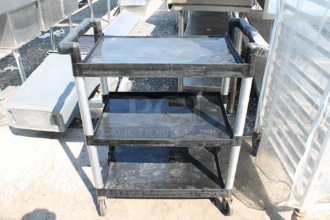 Qualite Black and Gray Poly 3 Tier Cart w/ Push Handles on Commercial Casters.