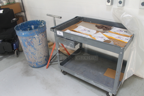 ALL ONE MONEY! Lot of Gray 2 Tier Cart, Metal Tripod and Blue Barrel - Image 3 of 3