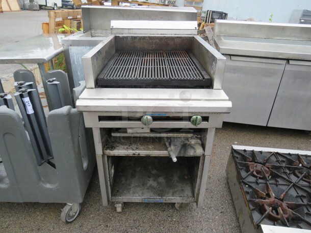 One US Range 20 Inch Natural Gas Charbroiler On A Stand With Under Shelf On Casters. #CO836-324A. 24X39X44