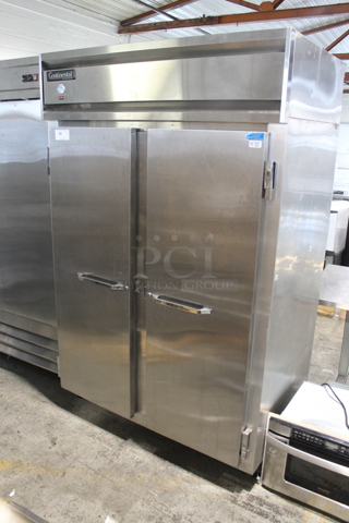 Continental 2R Stainless Steel Commercial 2 Door Reach In Cooler w/ Poly Coated Racks on Commercial Casters. 115 Volts, 1 Phase. Tested and Working!