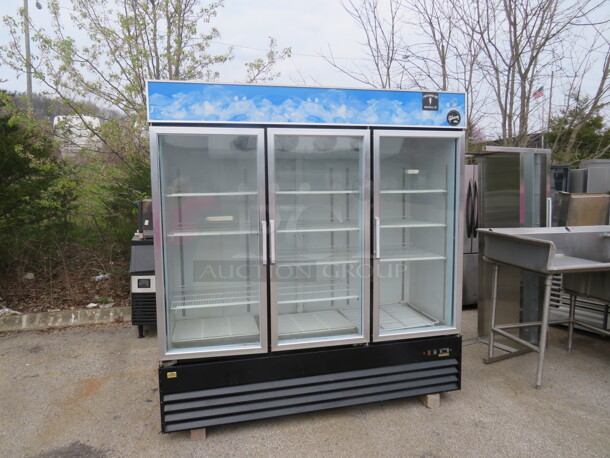 One WORKING Alamo 3 Door Glass Door Merchandiser With 3 Racks. 115 Volt. Model# SG1-9L3. 78X30X80