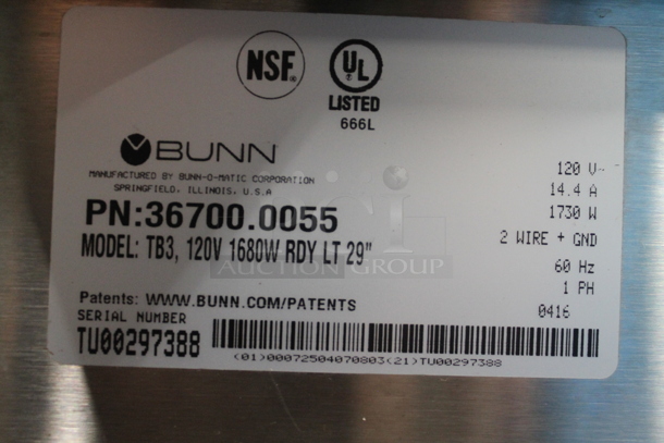 2016 Bunn TB3 Stainless Steel Commercial Countertop Iced Tea Machine w/ Poly Brew Basket. 120 Volts, 1 Phase.  - Image 4 of 4