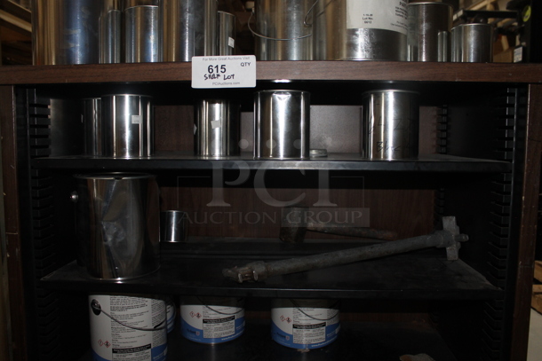 Wood Pattern Shelving Unit w/ Contents Including Metal Tins and Extension Cord. - Image 6 of 7