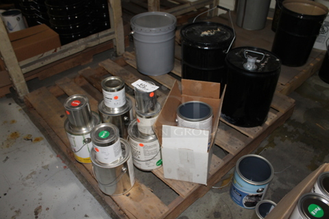 ALL ONE MONEY! PALLET LOT of Various Buckets Including Pipe Seal Part A and Proflex Primer Part B. BUYER MUST REMOVE.