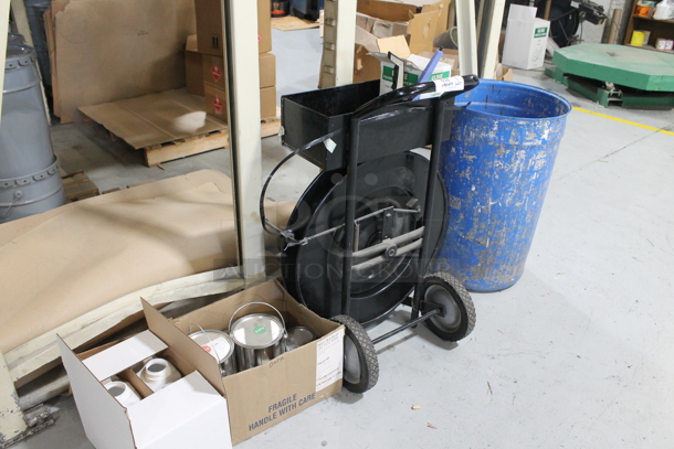 ALL ONE MONEY! Lot of Black Metal Pallet Strap Reel, Blue Barrel and Boxes w/ Tins.  - Image 3 of 8