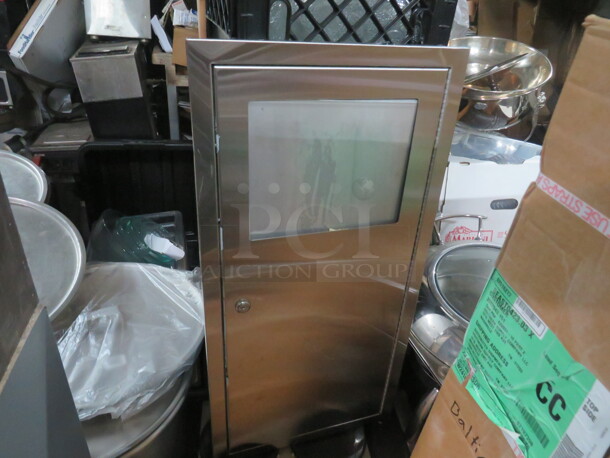 One NEW Stainless Steel Bobrick Trash Receptacle. 14X4X28