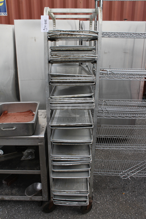 Metal Commercial Pan Transport Rack w/ 46 Metal Baking Pans on Commercial Casters.
