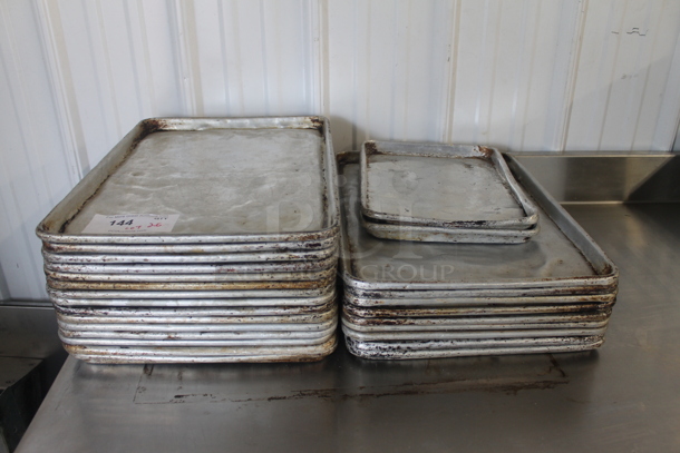 ALL ONE MONEY! Lot of 24 Metal Full Size Baking Pans and 2 Metal Half Size Baking Pans. 13x18x1, 18x26x1 - Image 1 of 3