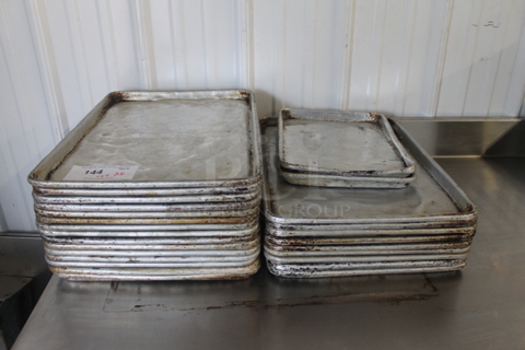 ALL ONE MONEY! Lot of 24 Metal Full Size Baking Pans and 2 Metal Half Size Baking Pans. 13x18x1, 18x26x1