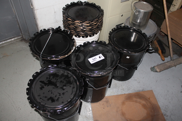 ALL ONE MONEY! Lot of 7 Black Metal Pails w/ Various Lids. - Image 3 of 3