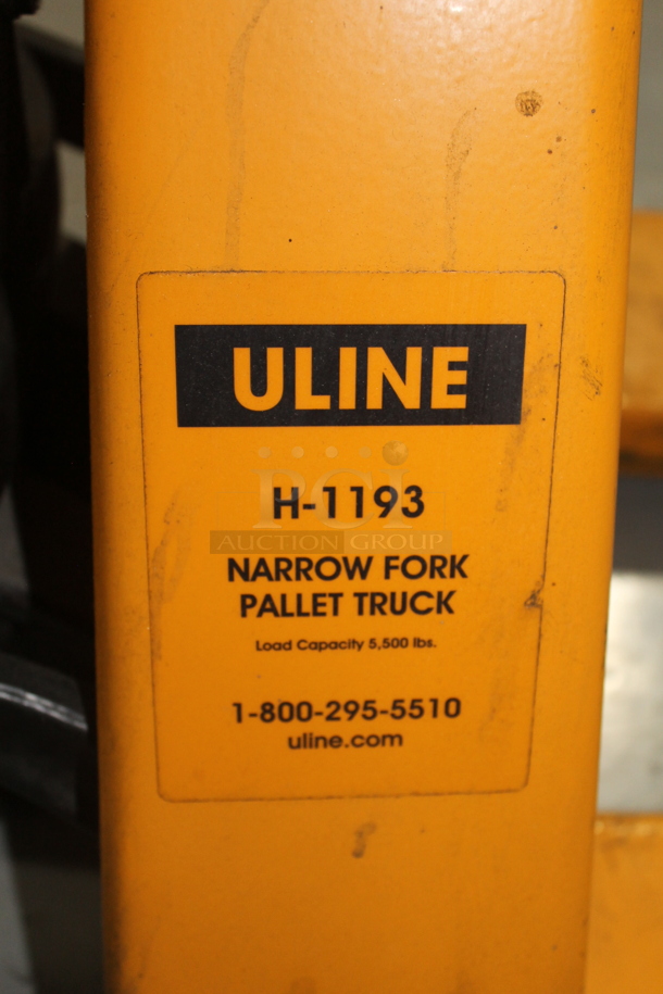 Uline H-1193 Metal Yellow Narrow Fork Pallet Jack Pallet Truck.  - Image 5 of 5