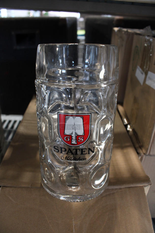 15 BRAND NEW IN BOX! Glass Beverage Mugs w/ Spaten Logo. 6x4x8. 15 Times Your Bid!