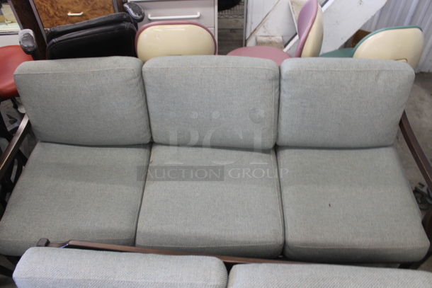 2 Wooden Dining Height Chairs / Benches w/ Arm Rests and Blue Seat Cushion. Two Person and Three Person. 46x30.5x27.5, 63x29x30.5. 2 Times Your Bid! - Image 5 of 5