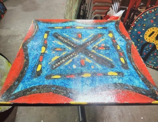 One 30X30X30 Painted  Table Top On A Pedestal Base. The Crossroads. - Image 1 of 2
