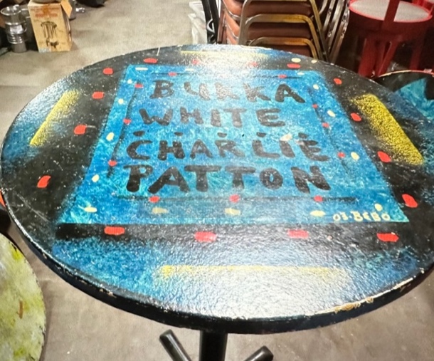 One 30X30X342 Abstract Round Painted  Table Top On A Bar Height Pedestal Base. Bukka White Charlie Patton. - Image 1 of 2