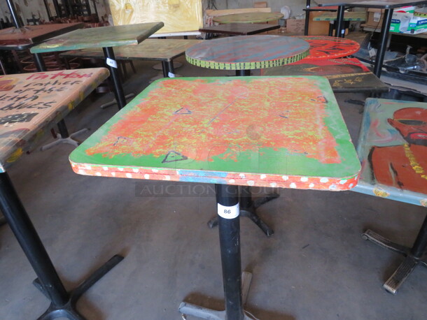 One 30X30X42 Hand Painted Bar Height Table On A Pedestal Base. 