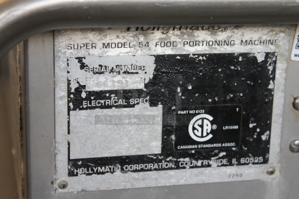 Hollymatic Super Model 54 Stainless Steel Commercial Countertop Patty Former on Stainless Steel Equipment Stand. Tested and Does Not Power On - Image 6 of 7