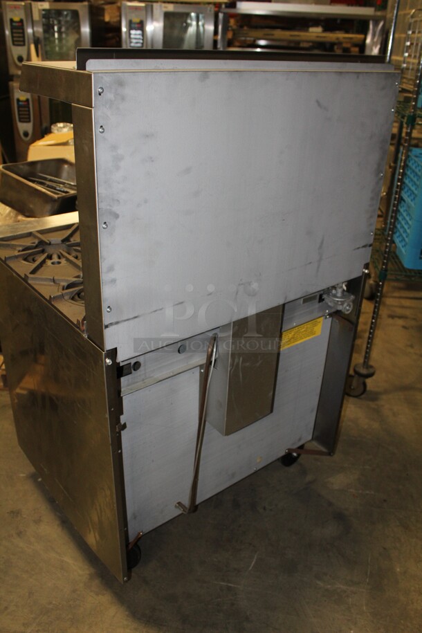 TERRIFIC! Garland 2 Burner Natural Gas Range With Full Size Oven, Griddle, Backsplash And Salamander Shelf On Casters! 36x34x59. Working When Pulled!  - Image 8 of 8