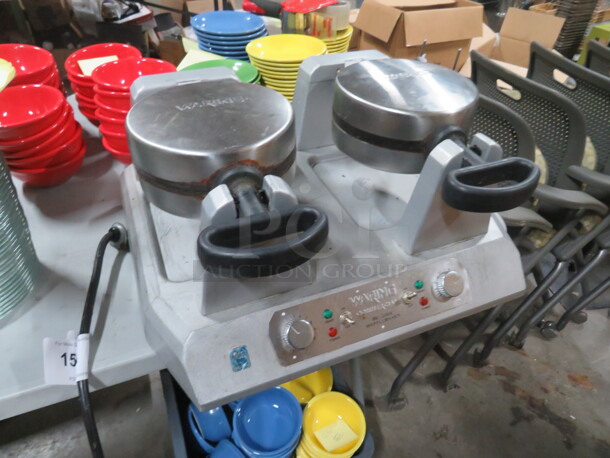 One Waring Commercial Dual Belgian Waffle Maker. #WW250X. 120 Volt. 2400 Watt. 21X17X9.5. $915.00. - Image 4 of 4