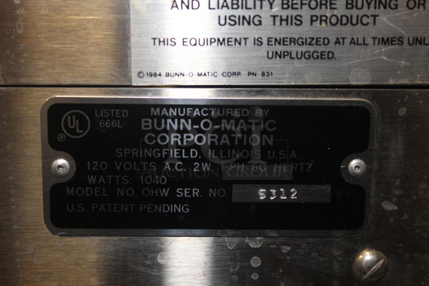 Bunn O Matic OHW Stainless Steel Commercial Countertop Hot Water Dispenser w/ Dual Side Racks. 120 Volts, 1 Phase. - Image 7 of 7