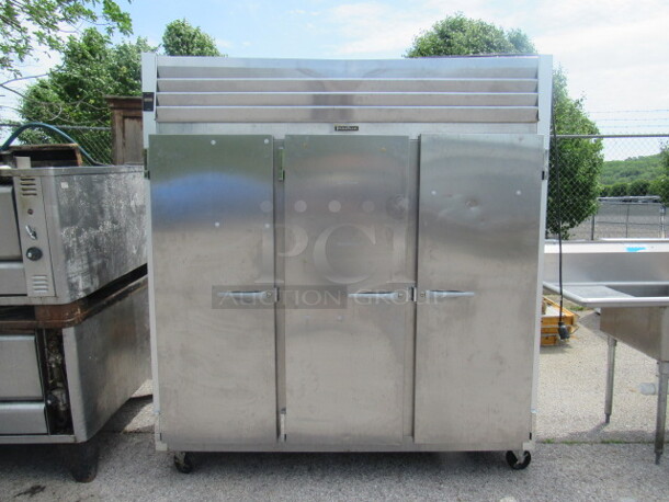 One SS Traulsen 3 Door Freezer With 8 Racks On Casters. 208-230/115 Volt. 1 Phase. Model# G31311. 76X34X83.5. $11,562.00.
