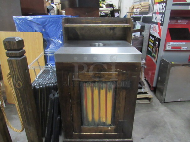 One AWESOME Wooden 1 Door Trash Receptacle With Over Shelf, Stainless Steel Top And Garbage Can. 30X30X55.5