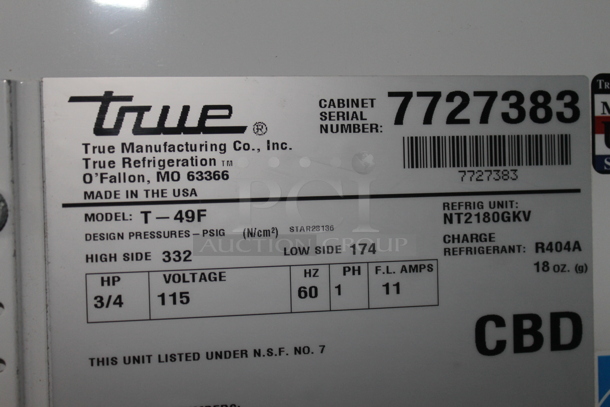 2013 True T-49F ENERGY STAR Stainless Steel Commercial 2 Door Reach In Freezer w/ Poly Coated Racks on Commercial Casters. 115 Volts, 1 Phase. Tested and Working! - Image 7 of 7