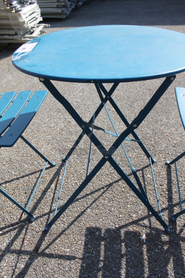 Blue Metal Round Folding Table and 2 Blue Metal Folding Chairs. 23.5x23.5x27.5, 16.5x14.5x32 - Image 3 of 5