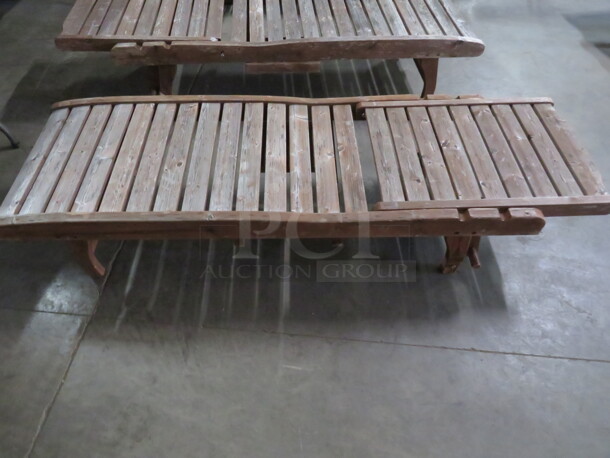 One Adjustable Wooden Chaise Lounger With 2 Wheels, And A Pullout Shelf. Needs A Lil Adjusting. 72X23 - Image 2 of 2