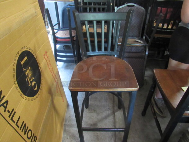 Metal Bar Height Chair With Wooden Seat, And Foot Rest. 3XBID. 