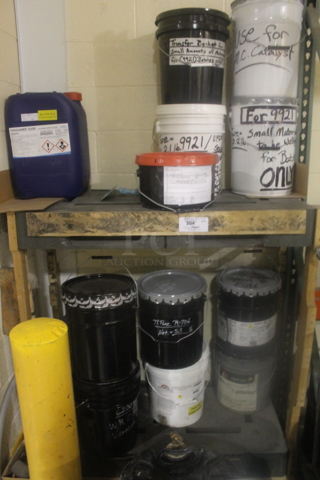 ALL ONE MONEY! TWO TIER PALLET LOT of Buckets of Various Contents Including Chiguard 5350 and Sealant.  BUYER MUST REMOVE.