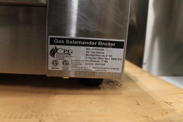 BRAND NEW SCRATCH AND DENT! Cooking Performance Group CPG 351S36SBN Stainless Steel Commercial Natural Gas Powered Salamander Broiler Cheese Melter. 36,000 BTU. Tested and Working! - Image 4 of 4