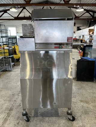 Superior HDMF62 Stainless Steel Commercial Floor Style Horizontal Tortilla Masa Extruder Feeder on Commercial Casters. 208 Volts, 3 Phase.
