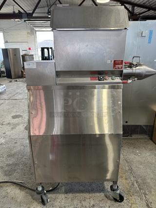Superior HDMF62 Stainless Steel Commercial Floor Style Horizontal Tortilla Masa Extruder Feeder on Commercial Casters. 230 Volts, 3 Phase.