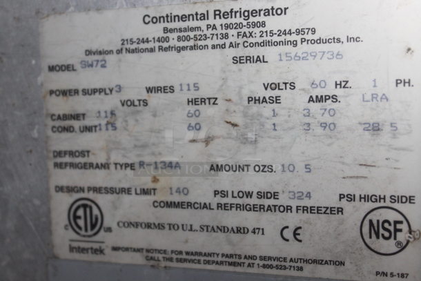 Continental SW72 Stainless Steel Commercial 3 Door Undercounter Cooler on Commercial Casters. 115 Volts, 1 Phase. Tested and Powers On But Does Not Get Cold - Image 8 of 8
