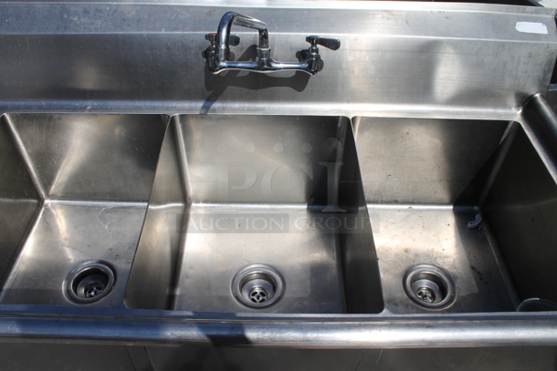 Advance Tabco Stainless Steel Commercial 3 Bay Sink w/ Left Side Drain Board, Faucet and Handles. Bays 16x20. Drain Board 16x22 - Image 3 of 4