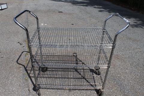 Chrome Finish 3 Tier Wire Cart w/ 2 Push Handles on Commercial Casters.