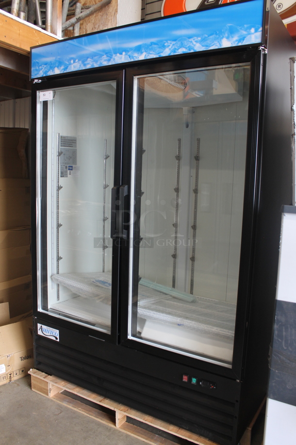 BRAND NEW SCRATCH AND DENT! 2023 Avantco 178GDC49HCB Black Metal Commercial 2 Door Cooler Merchandiser w/ LED Lighting and Poly Coated Racks. 115 Volts, 1 Phase. Tested and Working! - Image 1 of 12
