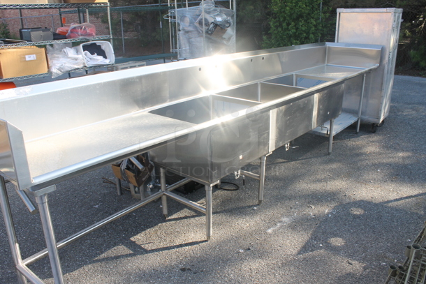 BRAND NEW! Vollrath Commercial Stainless Steel Flush Mount 3 Bay Sink With Left and Right Drain Boards And Right Side Undershelf On Galvanized Legs. Bays are 28x24x15 deep and Drainboards are 37x26 - Image 2 of 9