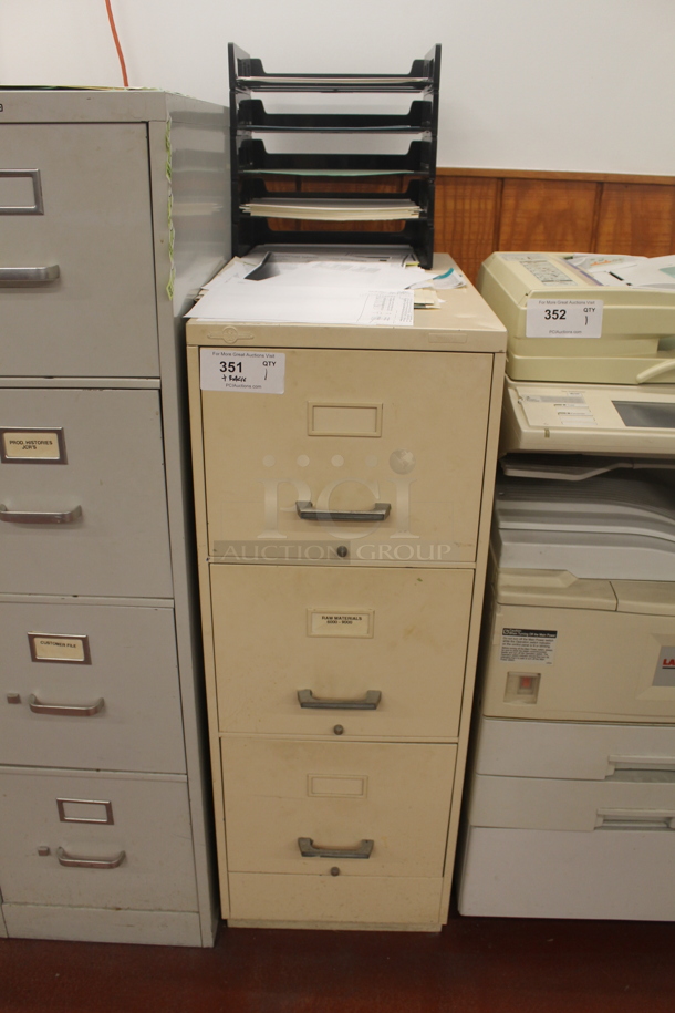 Tan Metal 3 Drawer Filing Cabinet w/ Contents. BUYER MUST REMOVE. - Image 1 of 4
