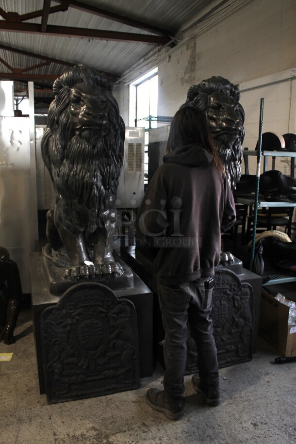 2 MAGNIFICENT Bronze Lion Statues w/ Cast Iron Glyphs Signed by A. Barye 1832. Listing Includes a Picture w/ a 5'8" Tall Human For Size Reference. 2 Times Your Bid! - Image 12 of 12