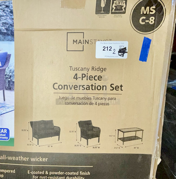 Mainstays Tuscany Ridge Outdoor 4 Piece Wicker Conversation Set, Blue. 4-piece patio furniture set includes a cushioned loveseat, two chairs, and a coffee table. Each chair measures 30.75"D x 30.75"W x 32.75"H; Loveseat measures 52"W x 30.75"D x 32.75" H; Coffee table measures 21.5"W x 38"D x 19.5"H. 2x Your Bid - Image 3 of 8
