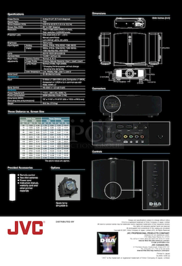 DO NOT PASS THIS BY!! JVC DLA-RS1 Reference Series 1080p 3-Chip D-ILA HD Projector HDMI.
110 V – 240 V AC, 50/60 Hz
18" x 17-9/16 x 7-1/4"  - Image 9 of 9