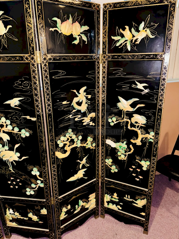 BEAUTIFUL!! Adjustable 4 Panel Room Divider, Different Designs On Front & Back Wood. Minor Signs of Ware, 71” Wide. - Image 9 of 12