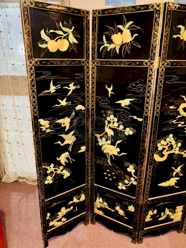 BEAUTIFUL!! Adjustable 4 Panel Room Divider, Different Designs On Front & Back Wood. Minor Signs of Ware, 71” Wide. - Image 10 of 12