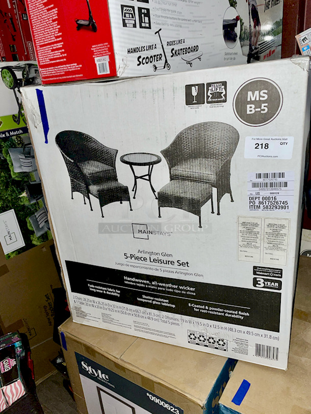Mainstays Arlington Glen 5 Piece Outdoor Furniture Patio Leisure Set, Beige. Chair dimensions: 26.25" x 28.25" x 32"; 15.7 lbs.
Side table dimensions: 20" D x 19.25"; 6.37 lbs.
Ottoman dimensions: 19.5" x 19" x 12.5"; 8.86 lbs. - Image 11 of 11