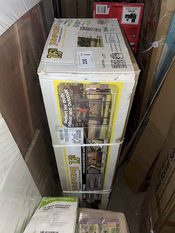 JumpKing 7.5-Foot Trampoline, with Enclosure, Black/Yellow. Jump King 7.5ft Trampoline & Enclosure System:

Enlarged door for easy entry
Patented over-under springs arrangements provide a better bounce
Unique shape and size for Indoor & Outdoor use
Can be enjoyed by either an adult or a child
User max weight: 180 lbs.
Heavy duty netting for added safety
Meets ASTM requirements                                      7-1/2ft w x 7-1/2ft d x 6.2ft h  - Image 11 of 11