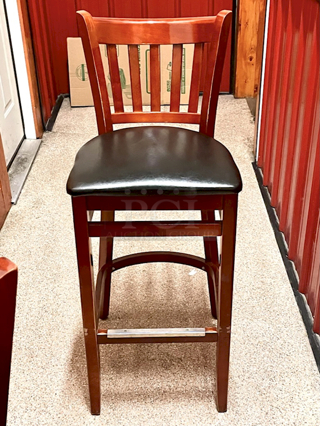 HIGH QUALITY! Lancaster Table & Seating Mahogany Ladder Back Bar Height Chair with Black Padded Seat & Foot Rest. 17x17x24 2x Your Bid Width
