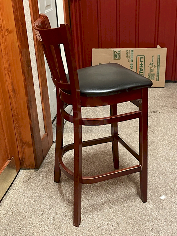 HIGH QUALITY! Lancaster Table & Seating Mahogany Ladder Back Bar Height Chair with Black Padded Seat & Foot Rest. 17x17x24 2x Your Bid Width
 - Image 3 of 7